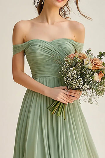 Off the Shoulder Dusty Sage A Line Chiffon Bridesmaid Dress